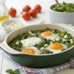 Spring Green Shakshuka served in a cast iron skillet with poached eggs, fresh herbs, and crumbled feta cheese on a wooden table