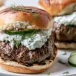 Grilled Lamb Burgers with Tzatziki served on a toasted bun with fresh vegetables and creamy sauce