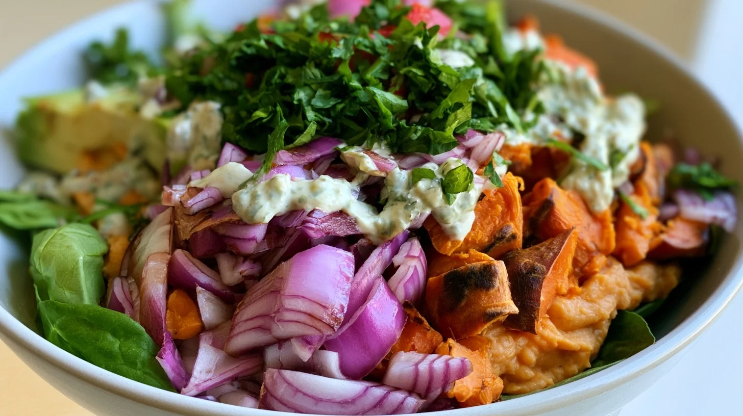 Sweet Potato Bowl Recipe with Tahini Dressing and Roasted Vegetables