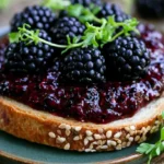 Blackberry jam in a glass jar with a spoon, showing deep purple color and glossy texture on a white background