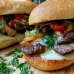 Philly cheese steak sandwich recipe with melted provolone cheese, tender ribeye, and caramelized onions on a toasted hoagie roll