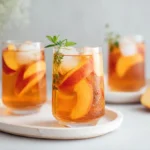 Peach Sweet Iced Tea served in a tall glass with ice, fresh peach slices, and mint garnish