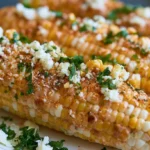 Elote corn recipe showing four charred corn cobs topped with creamy mayo, crumbled cotija cheese, and chili powder on a white plate