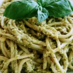 Basil pesto recipe in a white bowl with fresh basil leaves and pine nuts scattered around on a marble surface