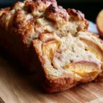 Peach bread golden loaf sliced on a white plate with fresh peach slices