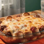 Meatball sub casserole served on a white plate with melted cheese and golden crispy bread on top