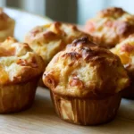 Peach muffins with golden domed tops arranged on a white plate with fresh peach slices