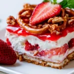 Strawberry pretzel salad with three distinct layers served on a white plate showing pretzel crust cream cheese and strawberry topping