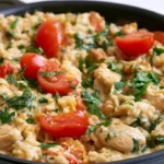 creamy chicken rice skillet served in a large pan with golden chicken pieces and fluffy rice in rich cream sauce