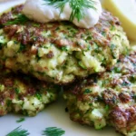 Zucchini fritters recipe golden brown crispy fritters stacked on white plate with fresh herbs