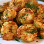 Blackstone garlic shrimp with golden caramelized edges on a white serving platter garnished with fresh parsley