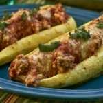 Stuffed banana peppers with melted cheese and sausage filling on a white plate