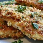Blackstone garlic parmesan chicken on a white plate with golden crust and fresh parsley garnish
