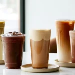 7brew drinks caramel vanilla latte in tall glass with sweet cream foam and caramel drizzle on white table