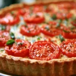 Tomato pie with golden crust and melted cheese topping on white plate with fresh basil garnish