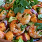 Chili Lime Shrimp Bowl with seasoned shrimp, rice, avocado, and fresh vegetables on a white plate