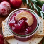 Plum jam in a glass jar with a spoon, showing deep purple glossy texture on a rustic wooden table