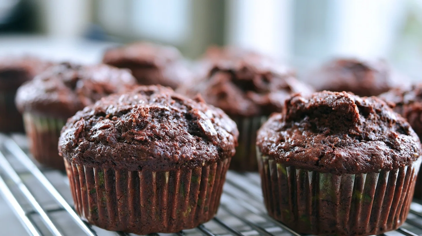 Chocolate zucchini muffins with chocolate chips on top arranged on a white plate