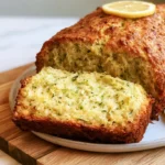 Lemon zucchini bread sliced on a wooden board with lemon glaze drizzled on top