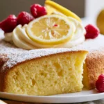 Lemon cake slice on white plate showing moist yellow crumb with cream cheese frosting