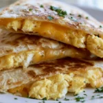 Egg and cheese breakfast quesadillas plated on a white dish with golden crispy edges and melted cheese