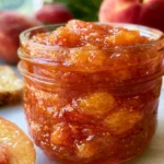 Peach preserves recipe in a glass jar with golden fruit chunks and syrup on a rustic wooden table