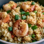 Shrimp fried rice recipe plated in a white bowl with golden crispy rice, pink shrimp, scrambled eggs, and colorful vegetables garnished with green onions
