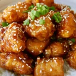 Sesame chicken with golden crispy coating and glossy honey sauce garnished with toasted sesame seeds on white plate