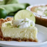 Key lime pie recipe slice on white plate with graham cracker crust and whipped cream topping