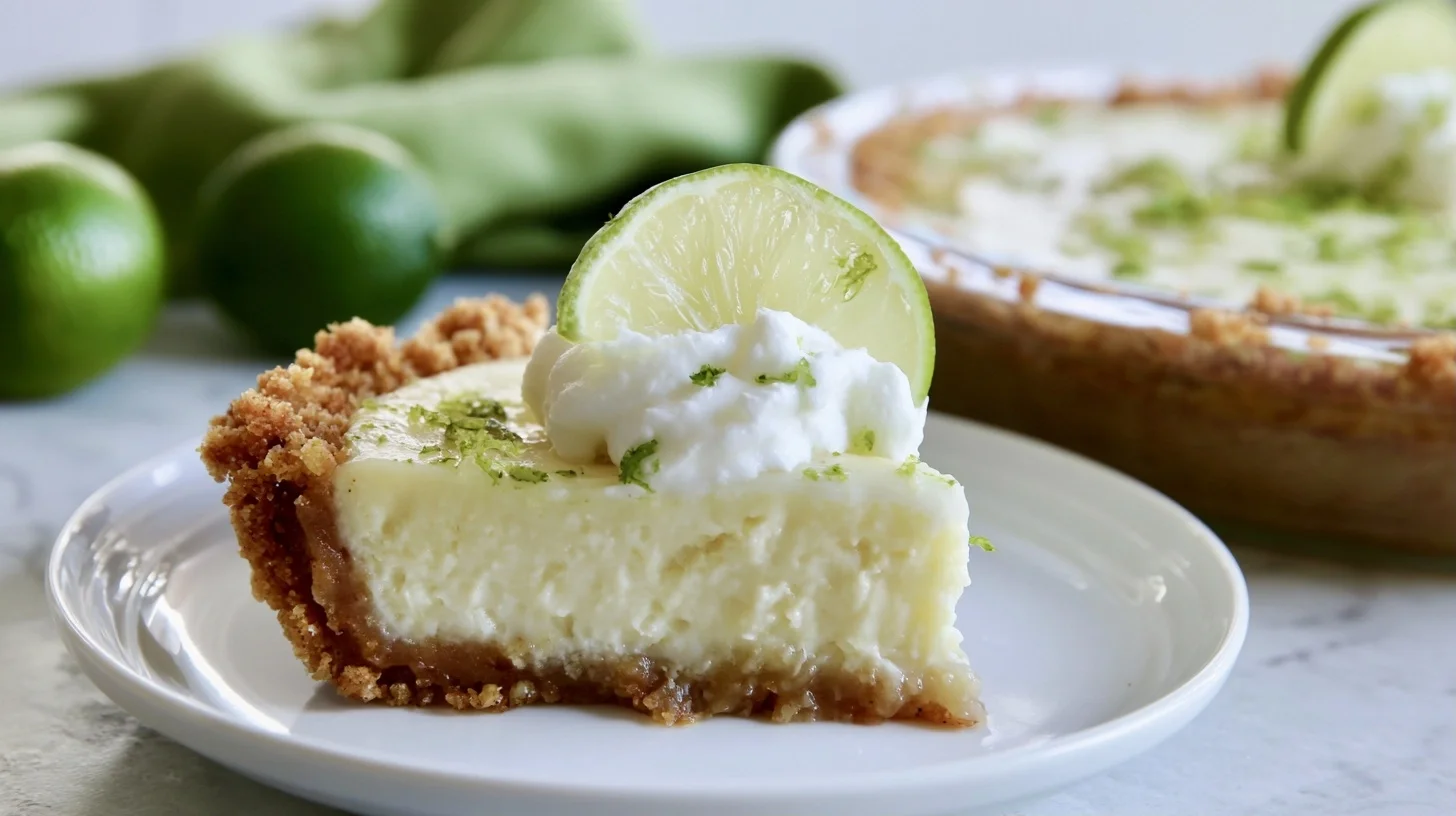 Key lime pie recipe slice on white plate with graham cracker crust and whipped cream topping