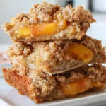 Peach crumb bars sliced on a white plate showing buttery oat topping and jammy peach filling