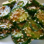 Korean cucumber salad with gochugaru and sesame seeds served in a white bowl