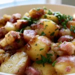 Swamp potatoes crockpot with tender potatoes, sliced sausage, and creamy Cajun sauce served in a white bowl