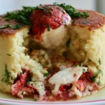 Lobster cake golden and crispy on white plate with lemon wedge and fresh herbs
