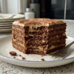 Argentinian chocotorta overhead view showing distinct layers of chocolate cookies and cream filling dusted with cocoa powder