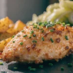 perfectly golden, deeply savory sour cream and onion crusted chicken breast or thigh on a white plate or dark slate board — a beautifully caramelized, creamy-coated surface glistening under warm side lighting with visible crispy onion bits and golden baked edges, a sprinkle of fresh chives on top, and a simple side of roasted potatoes or steamed vegetables softly blurred alongside. Warm cozy kitchen lighting creates an irresistibly homey, lazy weeknight dinner aesthetic