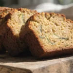 Gluten free zucchini bread sliced on a wooden board with fresh zucchini and walnuts beside it