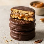 Chocolate Argentinian Alfajores recipe overhead view showing glossy chocolate coating and caramel center