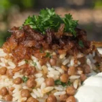 Lentils and rice served in a white bowl with caramelized onions and fresh herbs on top