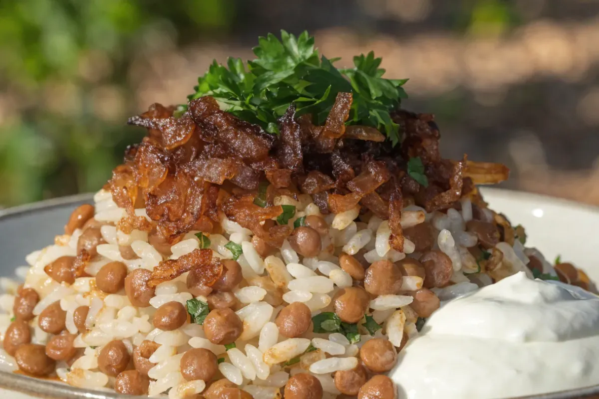 Lentils and rice served in a white bowl with caramelized onions and fresh herbs on top