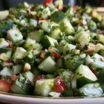 Cucumber salsa served in a white bowl with fresh cilantro and lime wedges on the side