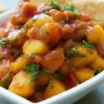 Peach salsa in a white bowl with fresh cilantro and lime wedges on a wooden table