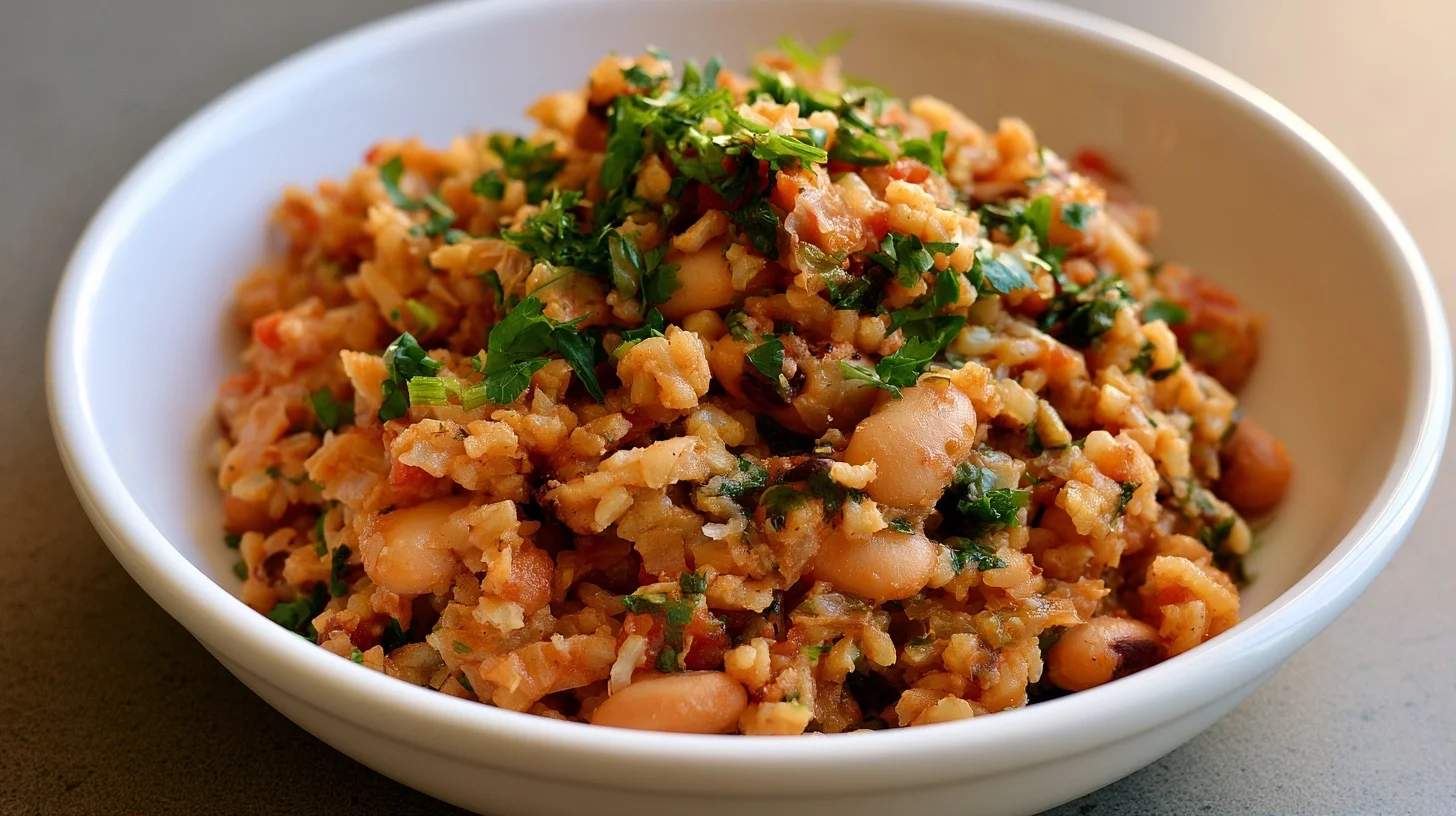 Mediterranean rice and beans served in a white bowl with fresh parsley and lemon wedges on a rustic wooden table