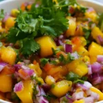 Mango salsa in a white bowl with colorful diced mango, red bell pepper, and cilantro garnish on a wooden table