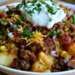 Loaded potato taco bowl with crispy roasted potatoes topped with seasoned ground beef, melted cheese, sour cream, salsa, and fresh cilantro