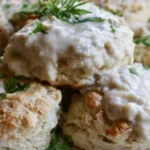Biscuits and gravy served on a white plate with golden flaky biscuits covered in creamy sausage gravy