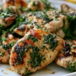 Chimichurri chicken plated with vibrant green sauce drizzled over juicy grilled chicken breast