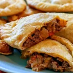 Beef empanadas golden and flaky on a white plate with dipping sauce