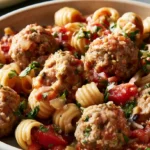Chickpea pasta and turkey meatballs served in a white bowl with fresh parsley and Parmesan cheese on top