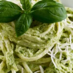Creamy pesto sauce in a white bowl drizzled over fettuccine pasta with fresh basil garnish